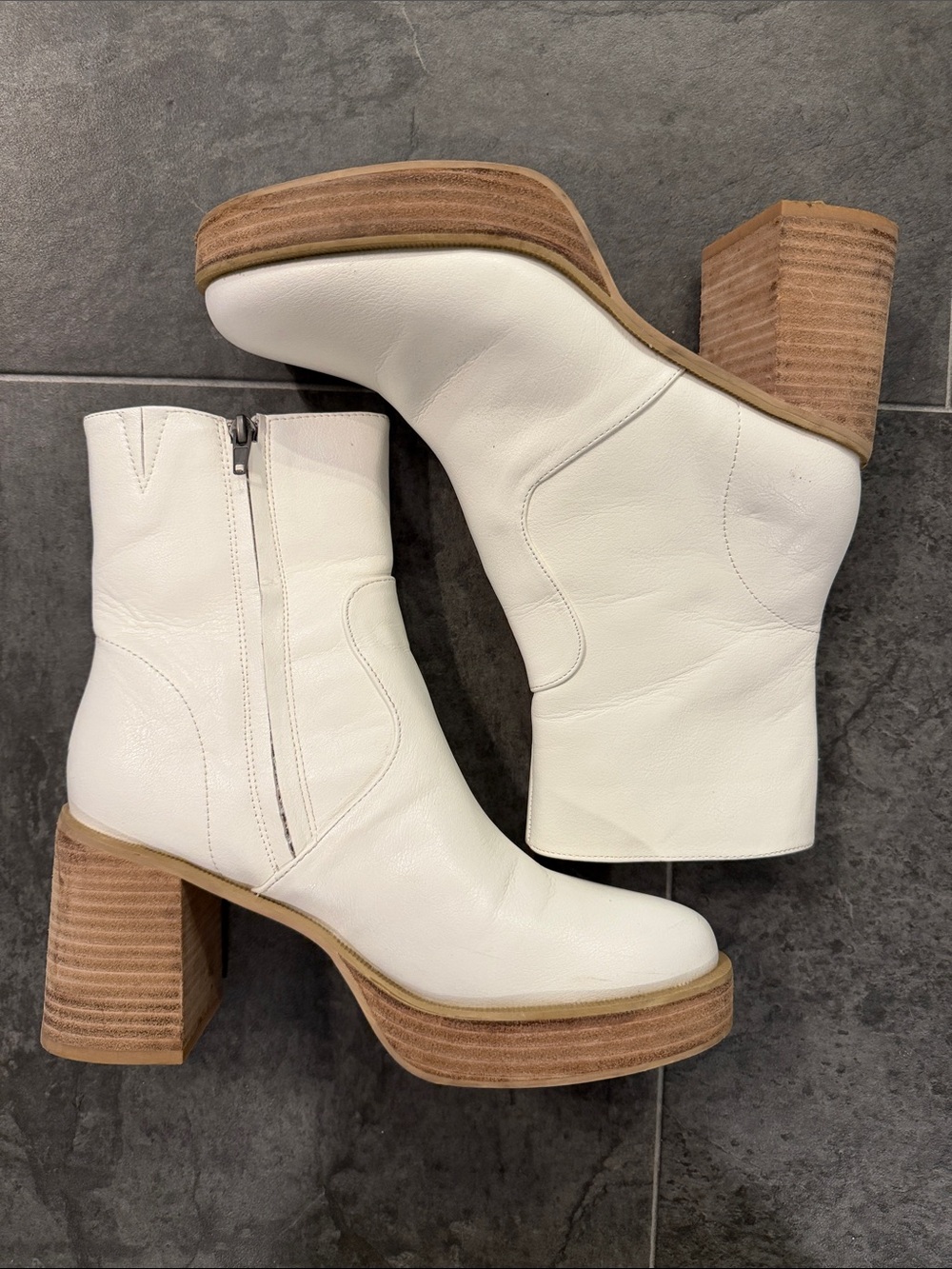 White Leather Ankle Boot with Stacked Wood Heel